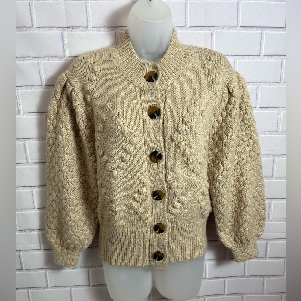 Who What Wear Cream Textured Knit wool Cardigan Puff Sleeve Button Front Size S